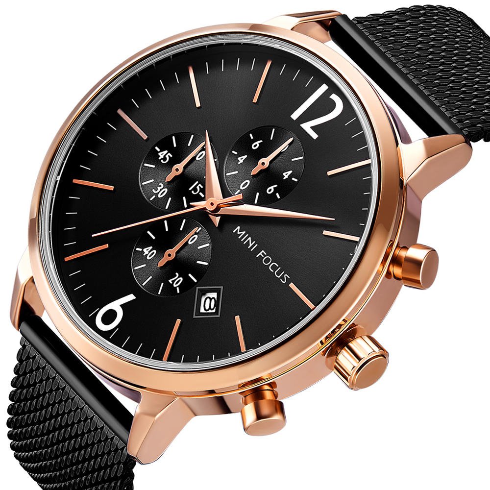 MINI FOCUS MF0185G Business Style Complete Calendar Mesh Steel Men Wristwatch Quartz Watch