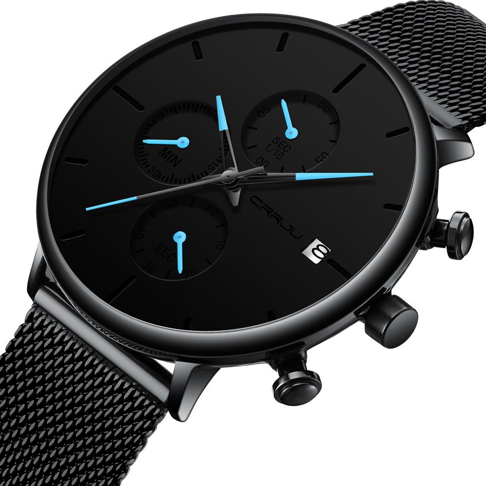 CRRJU 2268 Men Full Mesh Steel Band Fashion Needle Dial Design Calendar Quartz Watch
