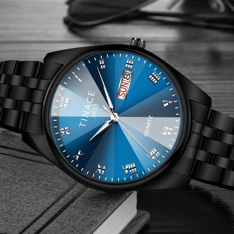 Men Luminous Display Fashion Blue Black Dial Day Week Display Stainless Steel Quartz Watch