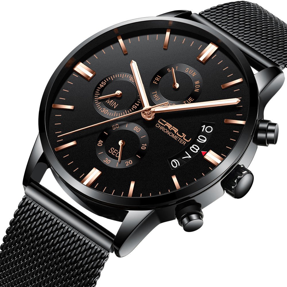 Business Style Black Mesh Belt Men Fashion Full Steel Strap Luminous Display Quartz Watch