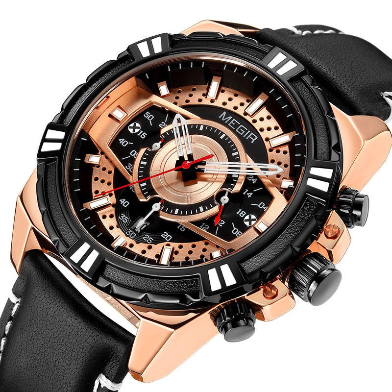 Sports Style Complete Calendar Chronograph Waterproof Leather Quartz Watch Men Wristwatch