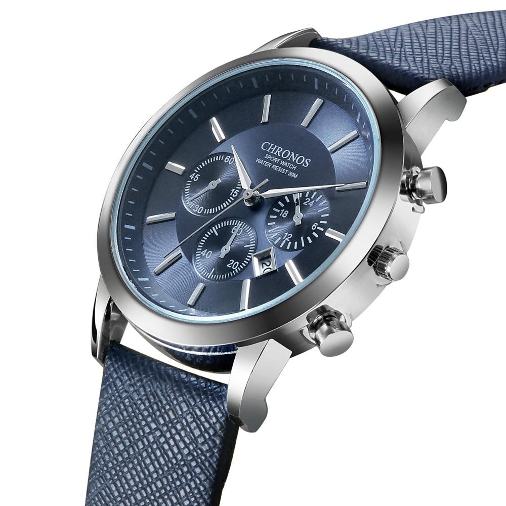 CHRONOS Casual Style Calendar Men Wrist Watch False Small Dials Leather Strap Quartz Watch