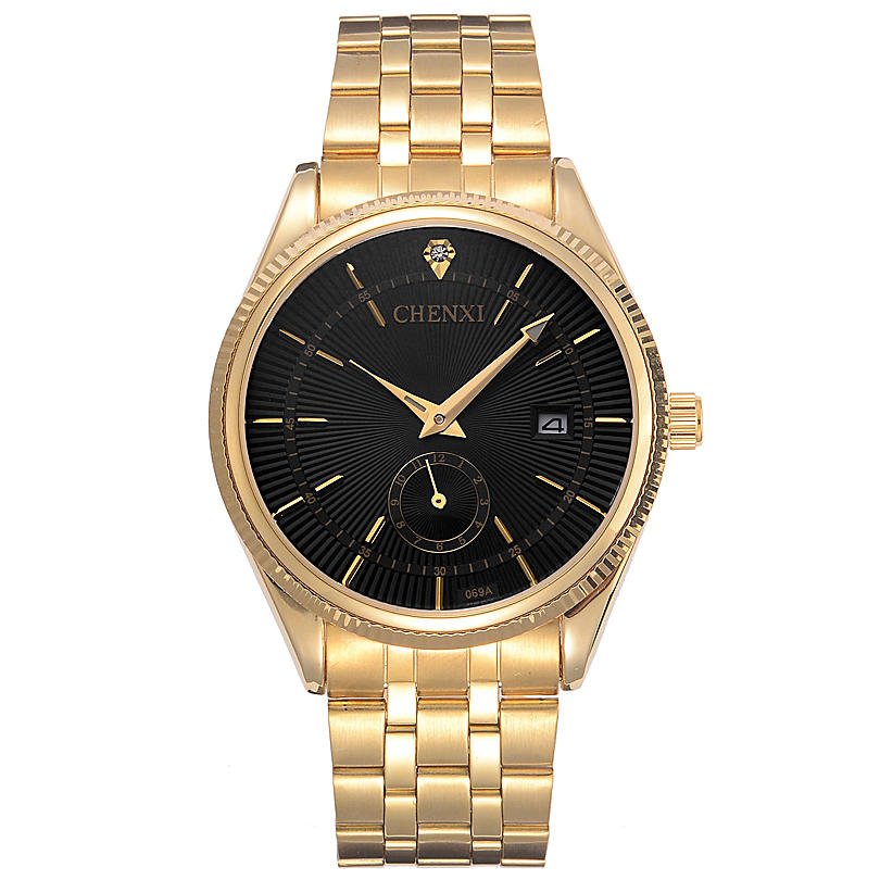 CHENXI 069A Calendar Gold Case Casual Men Watches Stainless Steel Strap Quartz Watch