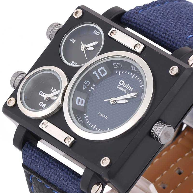 Men Watch Fashion Three Time Zones Alloy Case Textile Watch Band Quartz Watch