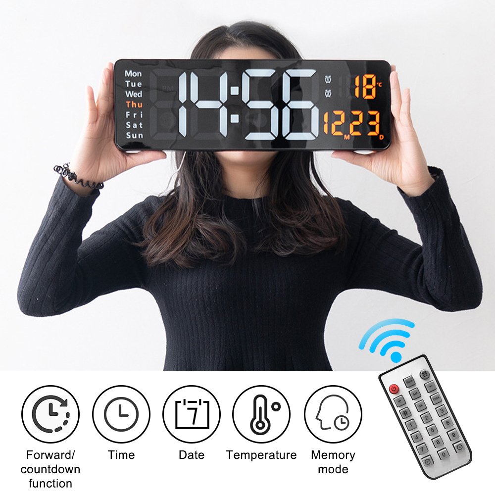 Digital Wall Clock Remote Control Temp Date Week Display Memory Table Clock Dual Alarms Large LED