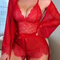 Flirty Red Lace Bralette and Shorts with Sheer Robe