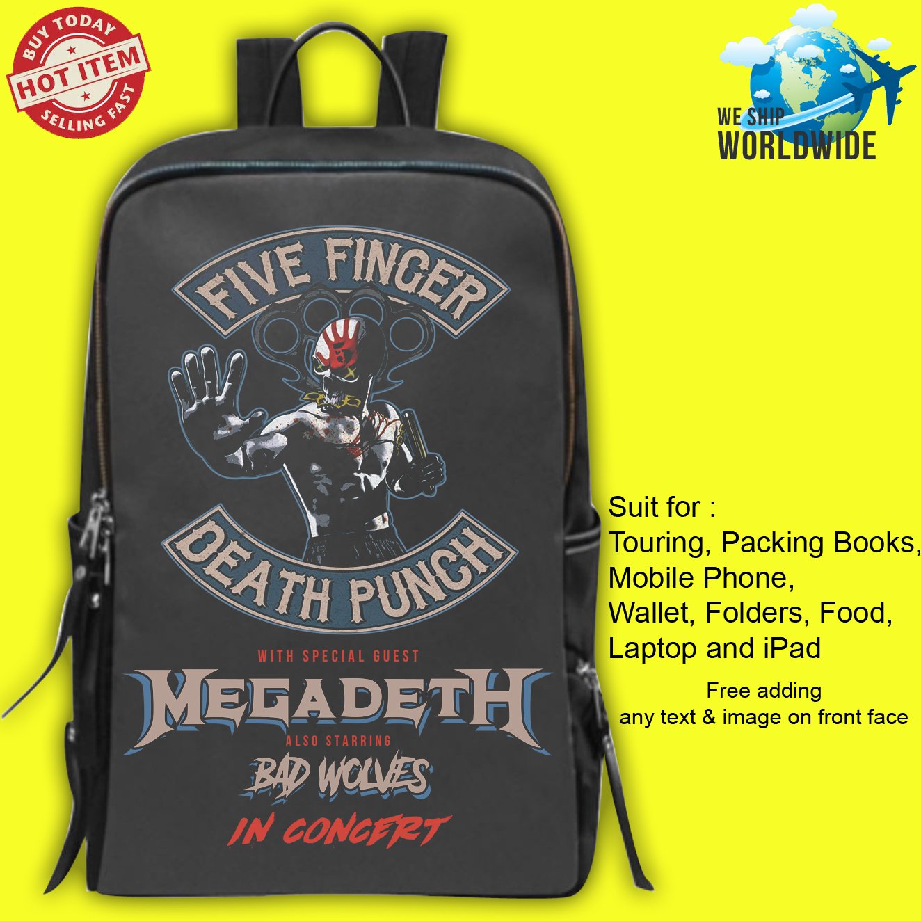 FIVE FINGER DEATH PUNCH, MEGADETH, BAD WOLVES TOUR Concert Album Backpack Bags