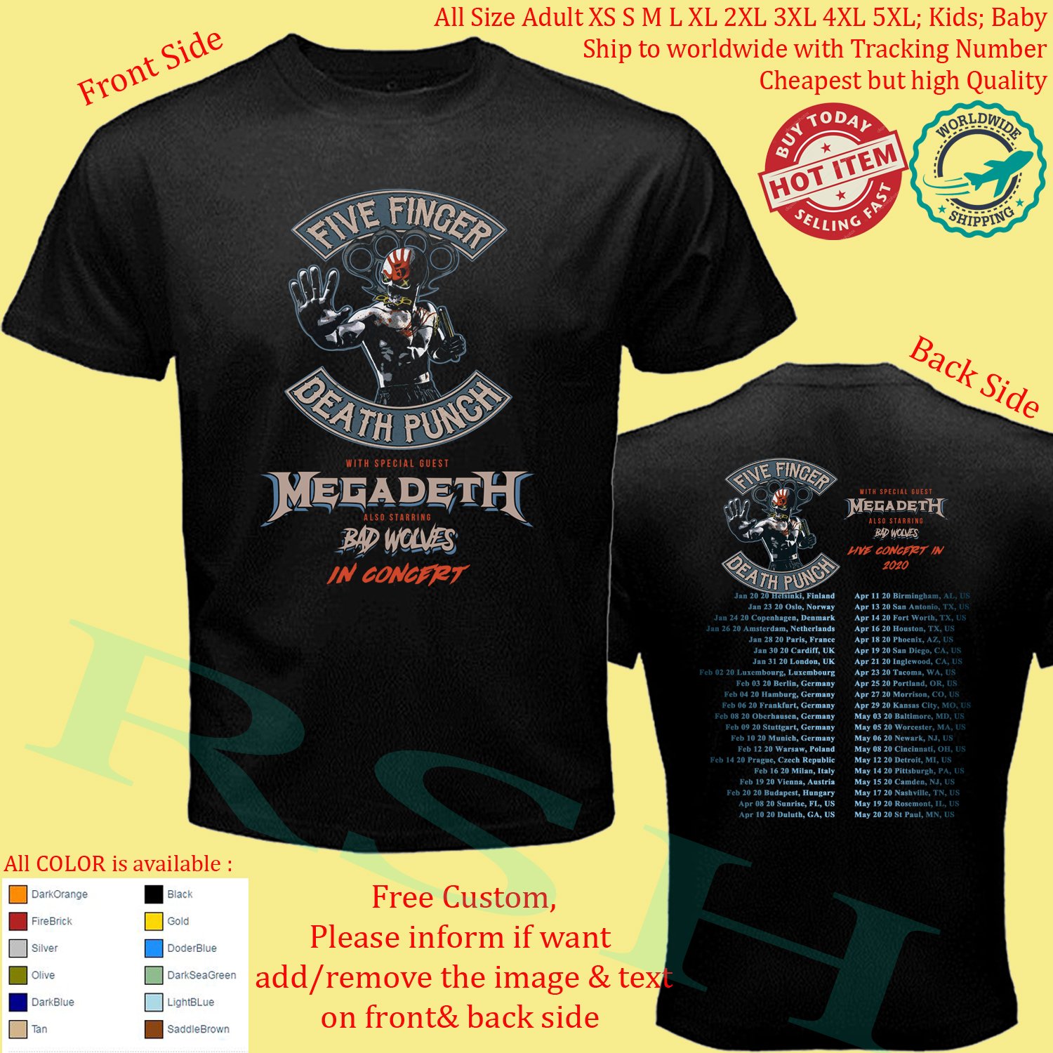 FIVE FINGER DEATH PUNCH, MEGADETH, BAD WOLVES TOUR 2020 Concert Album T-shirt S-5XL Kids Toddler