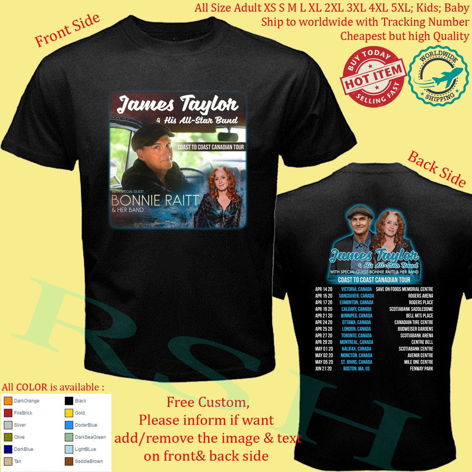 JAMES TAYLOR, BONNE RAITT COAST TO COAST CANADIAN TOUR 2020 Concert Album T-shirt S-5XL Kids Toddler