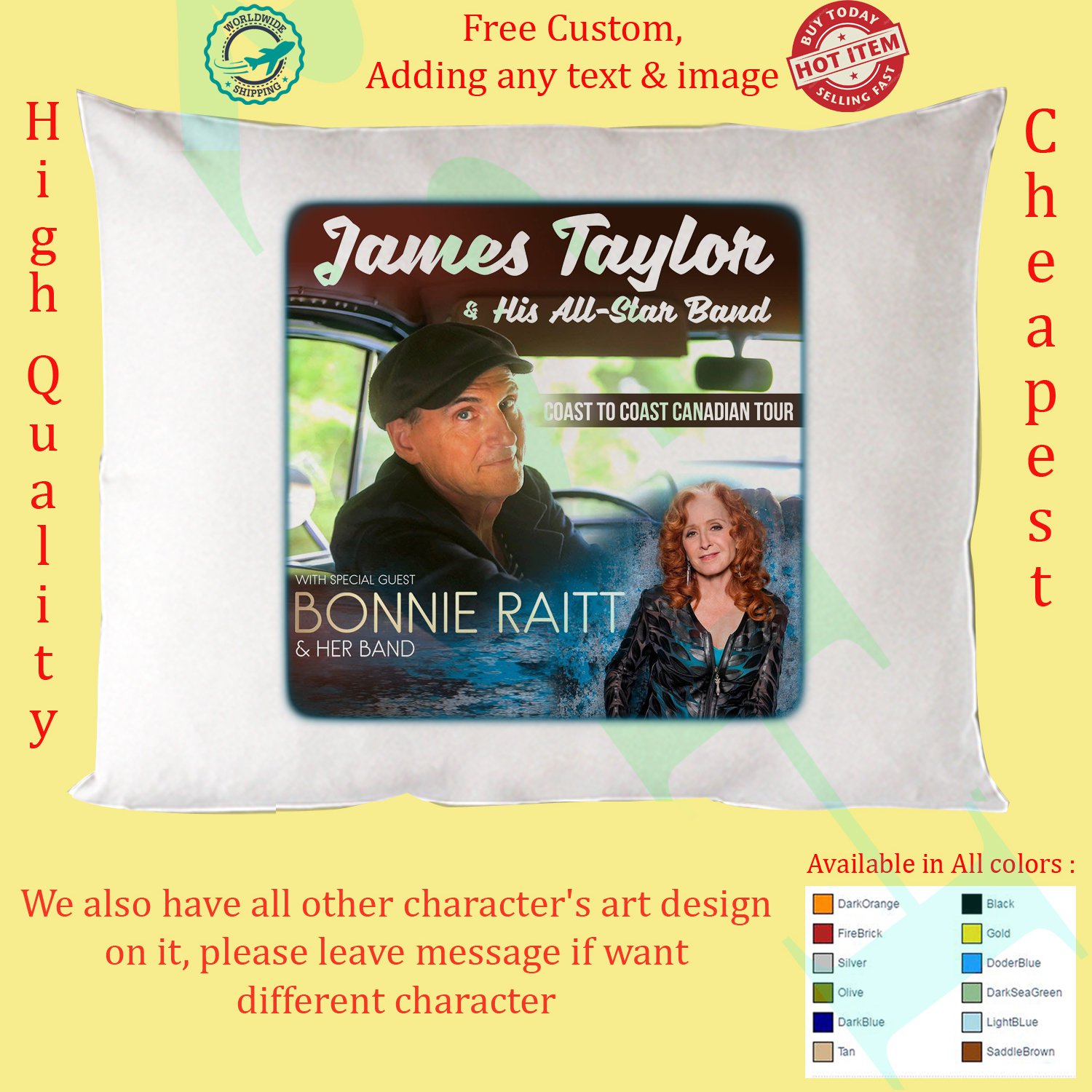 JAMES TAYLOR, BONNE RAITT COAST TO COAST CANADIAN TOUR Concert Album Pillow Cases