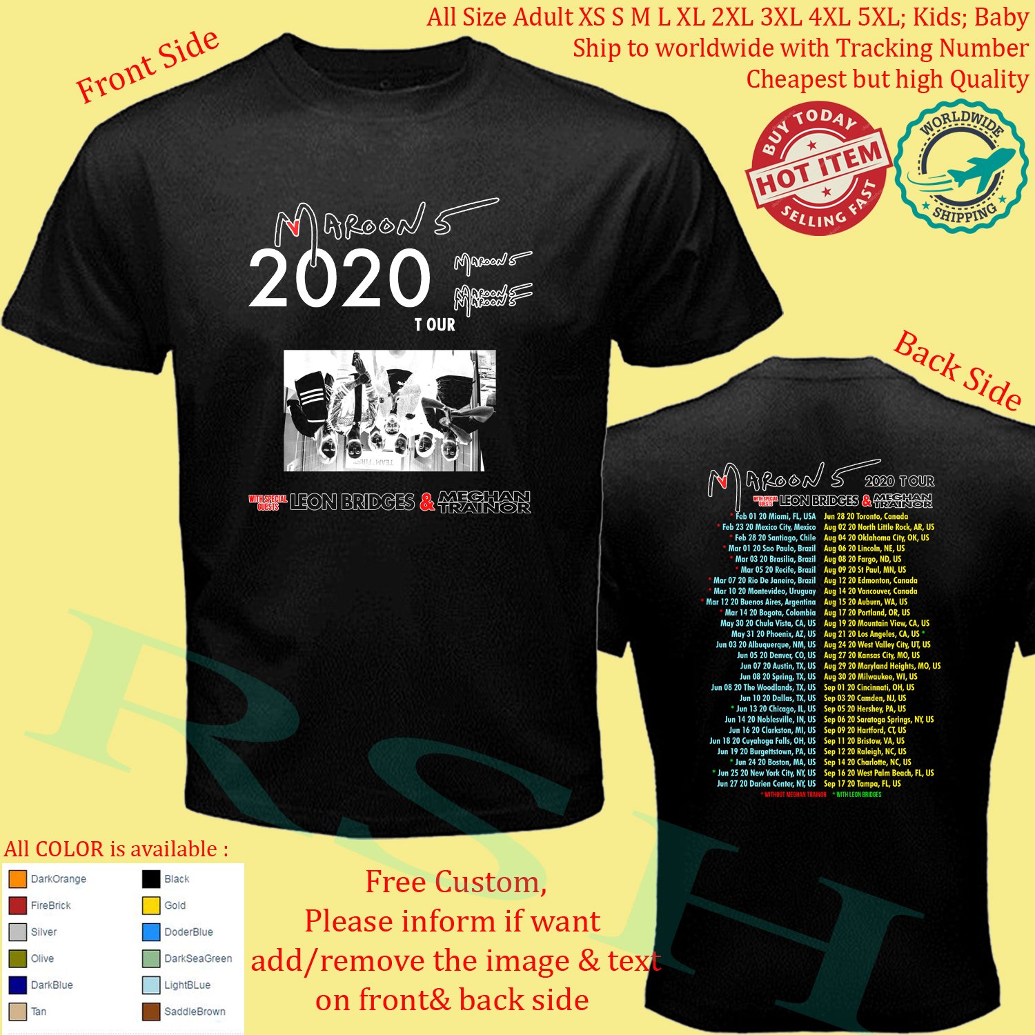 MAROON 5, LEON BRIDGES, MEGHAN TRAINOR TOUR 2020 Concert Album T-shirt S-5XL Kids Toddler