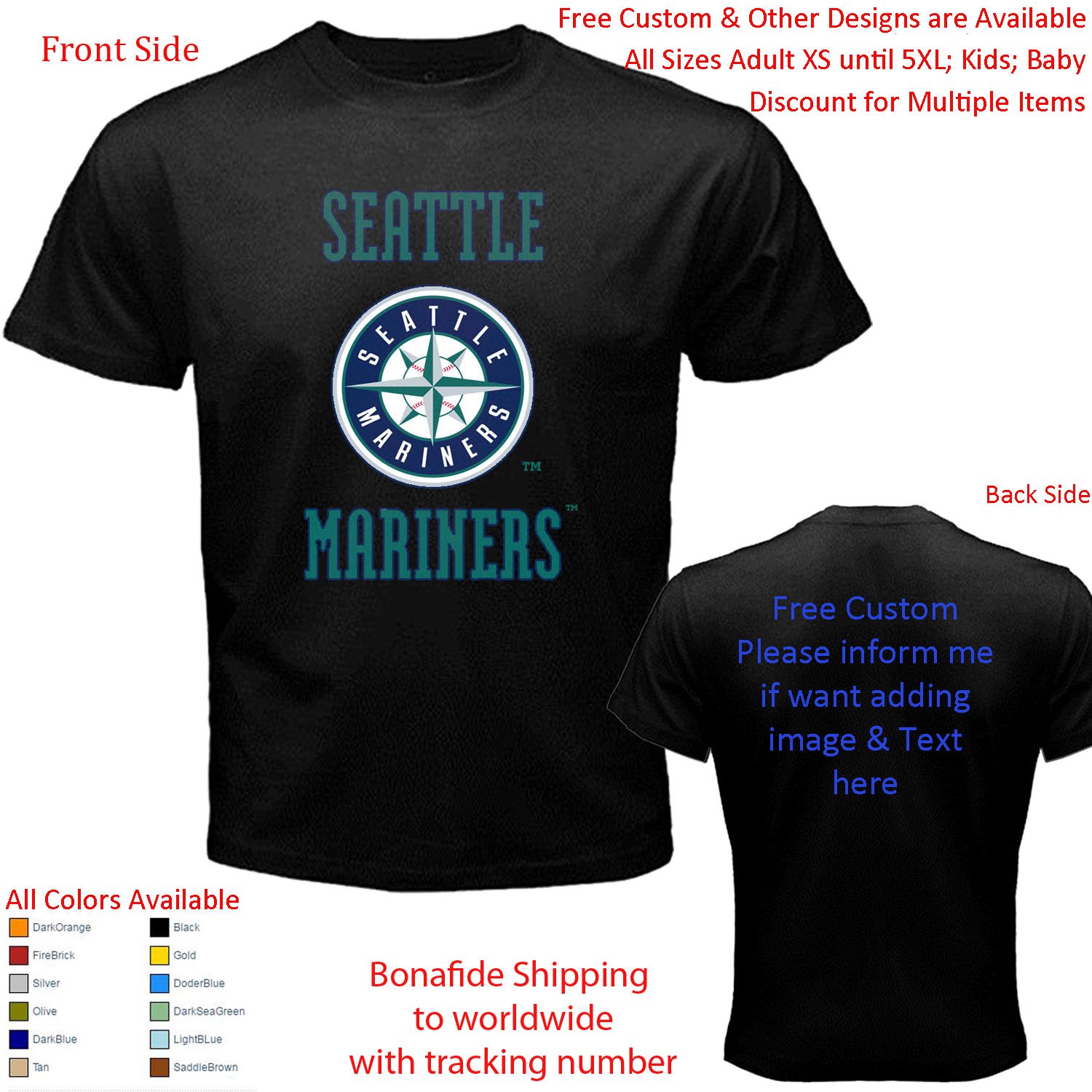 5 Seattle Mariners T-shirt S-5XL Kids Toddler