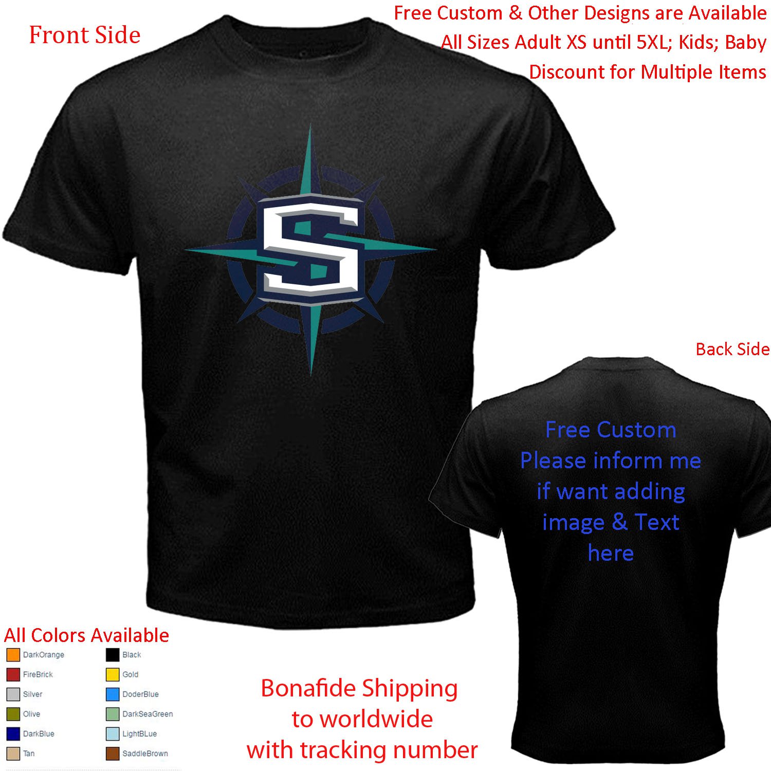 2 Seattle Mariners T-shirt S-5XL Kids Toddler
