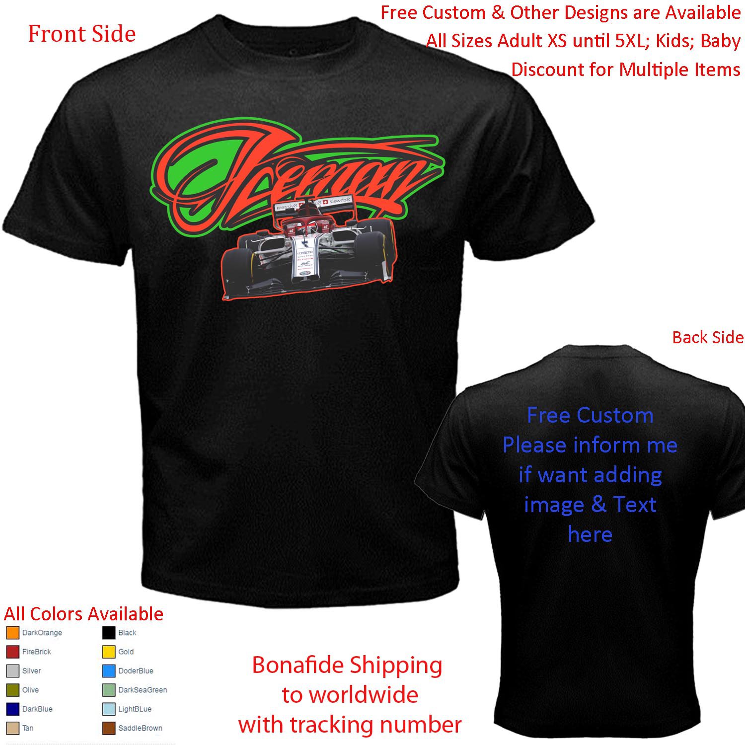 5 Alfa Romeo Racing Kimi R&Atilde;&curren;ikk&Atilde;&para;nen Antonio Giovinazzi T-shirt S-5XL Kids Toddler