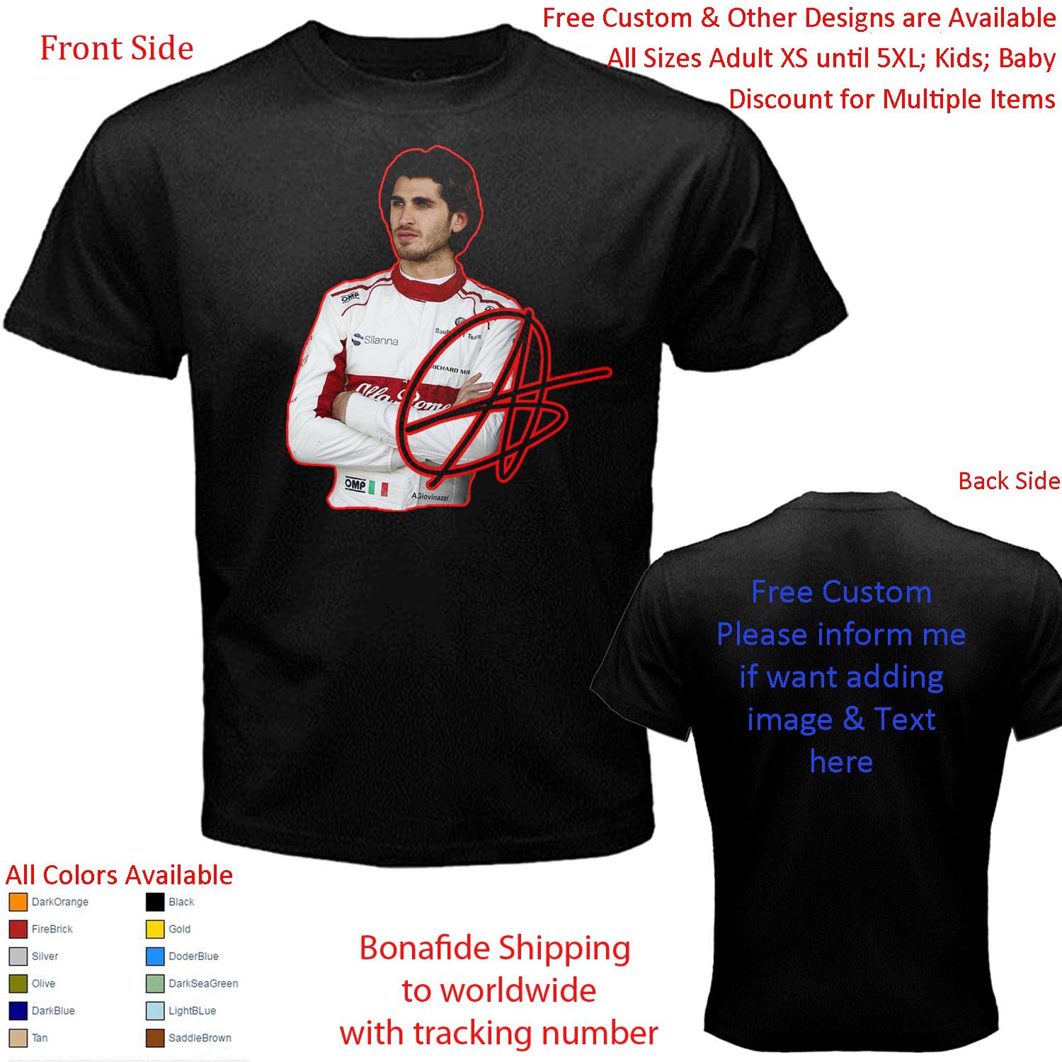 3 Alfa Romeo Racing Kimi R&Atilde;&curren;ikk&Atilde;&para;nen Antonio Giovinazzi T-shirt S-5XL Kids Toddler