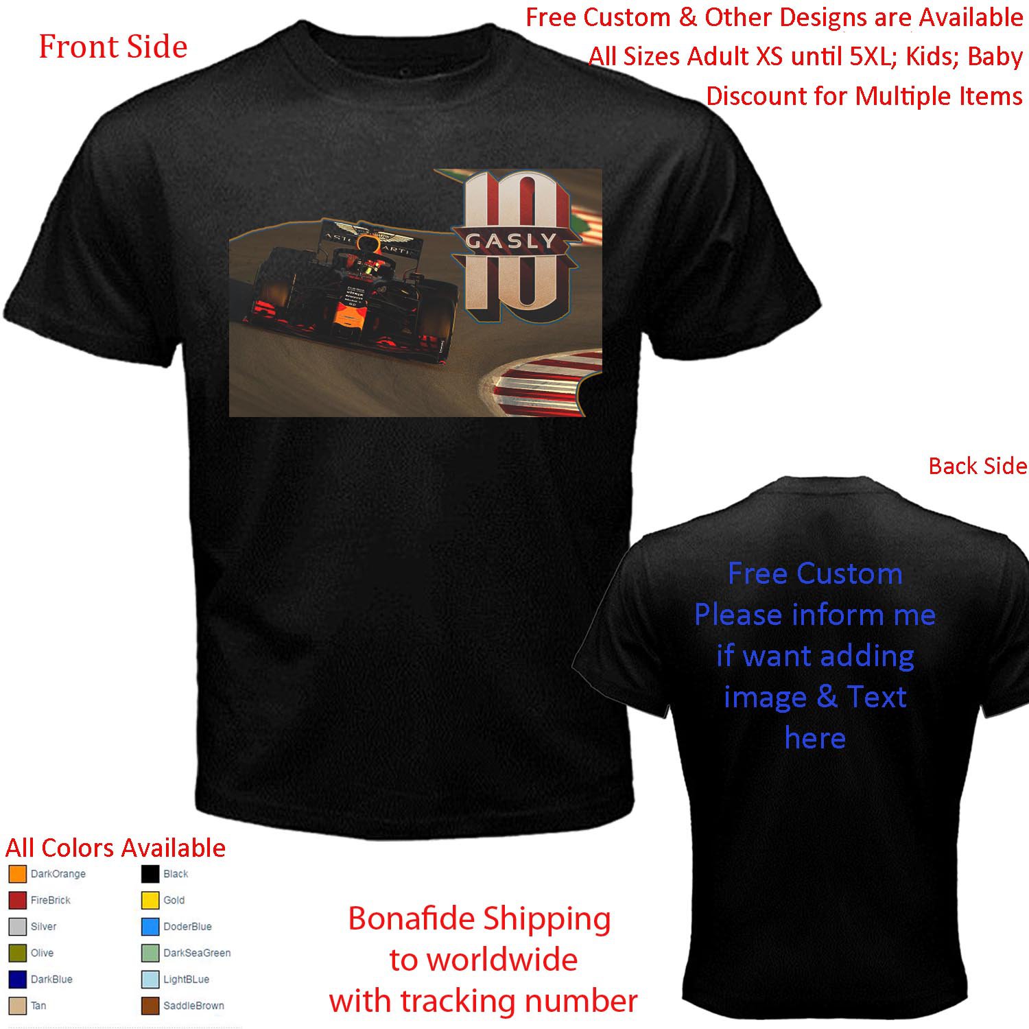 4 Aston Martin Red Bull Racing Pierre Gasly Max Verstappen T-shirt S-5XL Kids Toddler