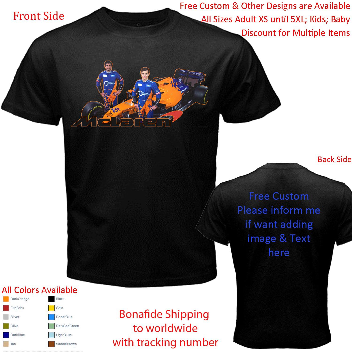 5 McLaren F1 Team Lando Norris Carlos Sainz Jr T-shirt S-5XL Kids Toddler