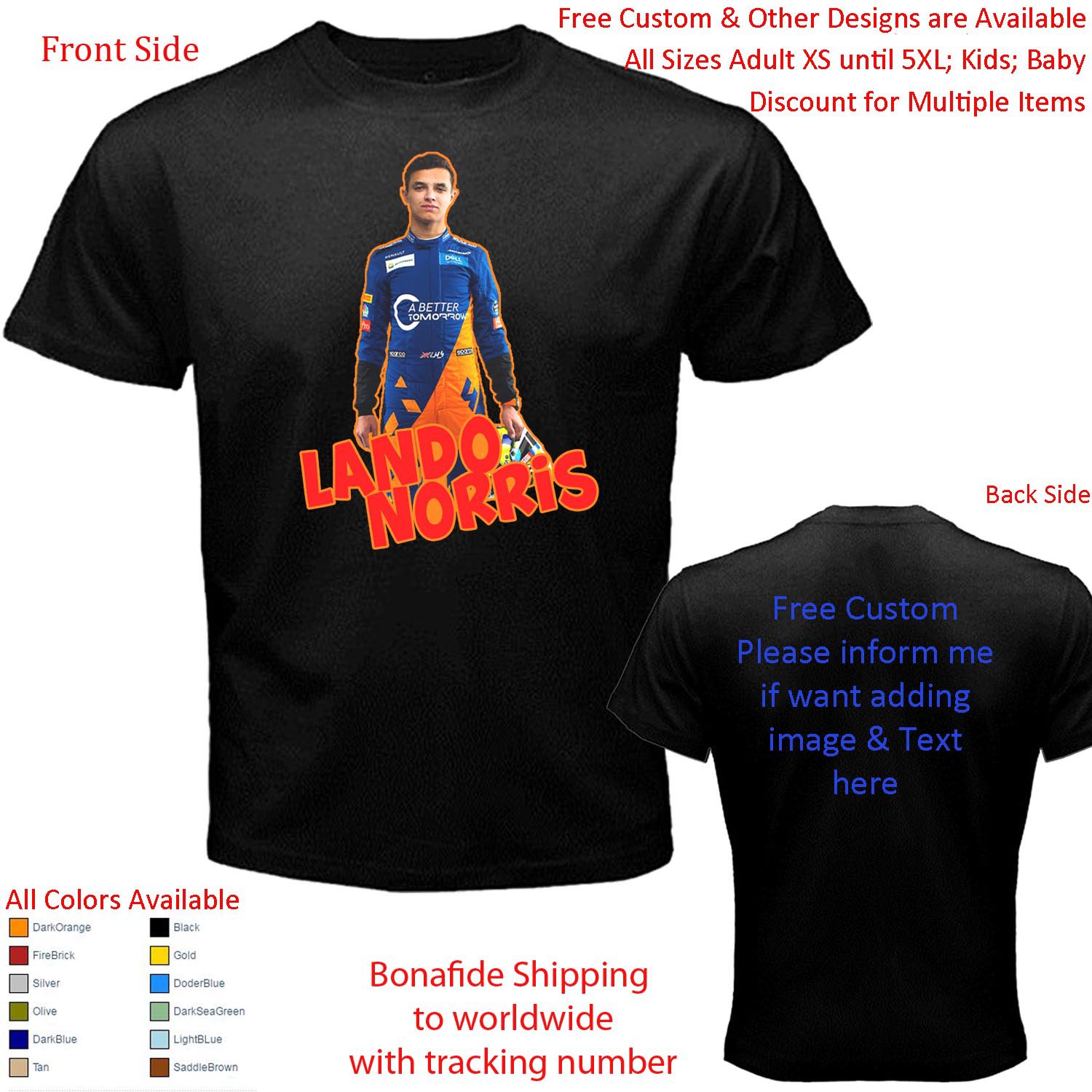 2 McLaren F1 Team Lando Norris Carlos Sainz Jr T-shirt S-5XL Kids Toddler