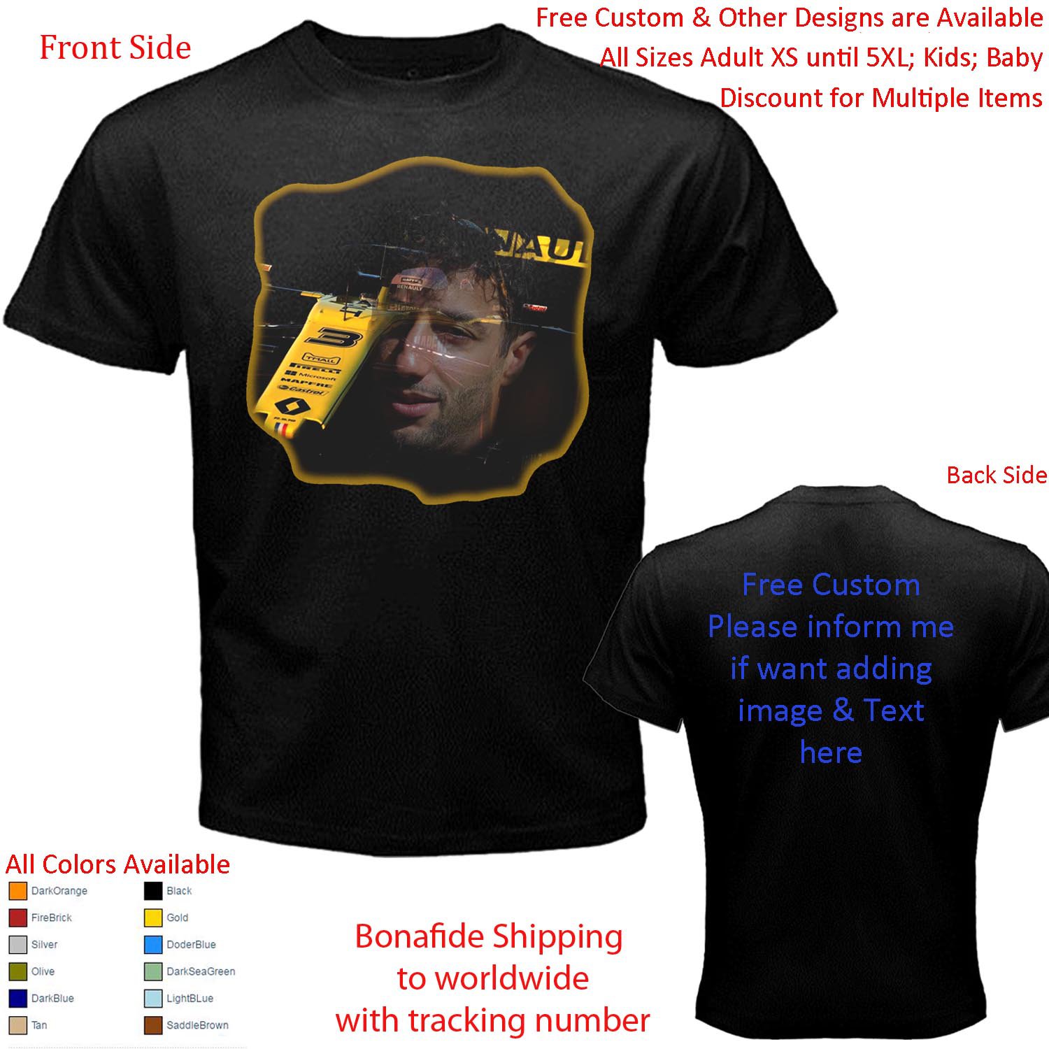 3 Renault F1 Team Daniel Ricciardo Nico H&Atilde;&frac14;lkenberg T-shirt S-5XL Kids Toddler
