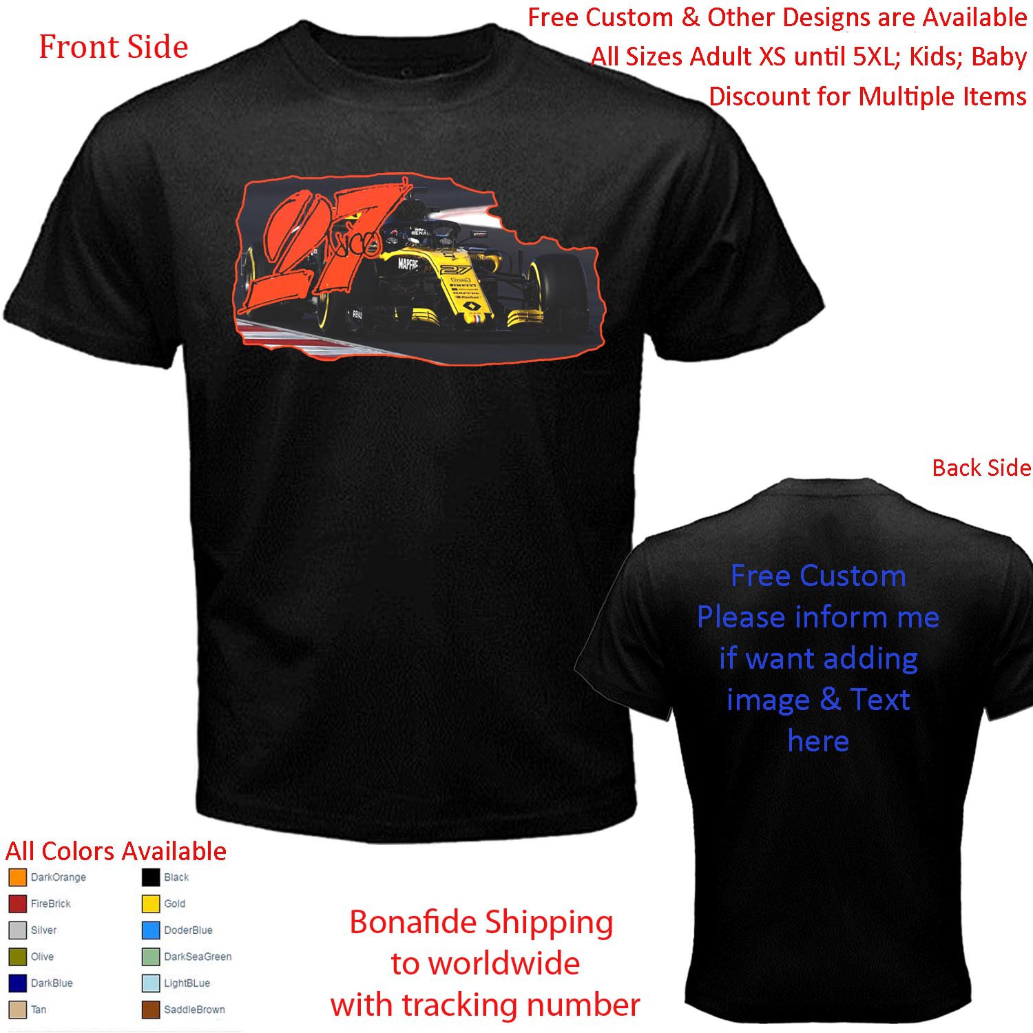 5 Renault F1 Team Daniel Ricciardo Nico H&Atilde;&frac14;lkenberg T-shirt S-5XL Kids Toddler