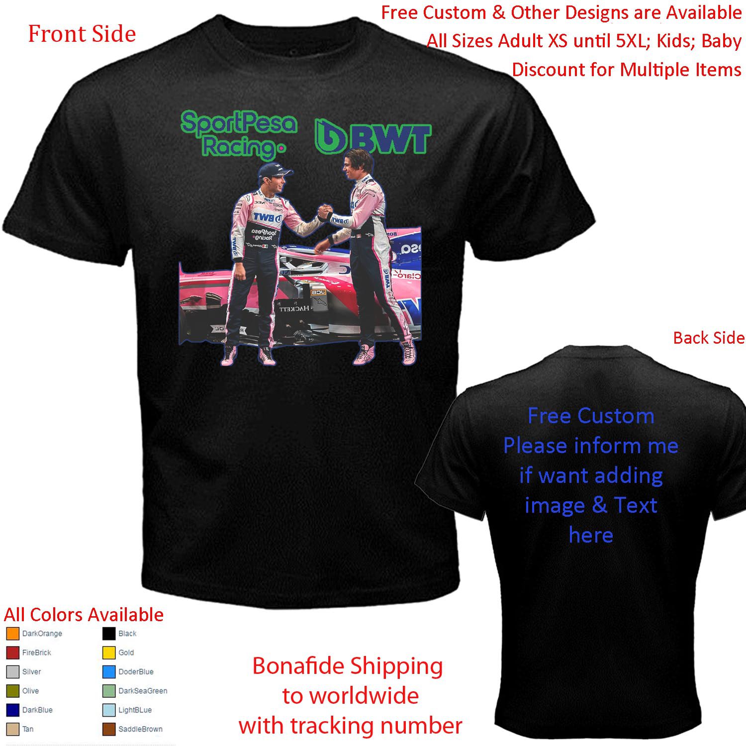 1 SportPesa Racing Point F1 Team Sergio P&Atilde;&copy;rez Lance Stroll T-shirt S-5XL Kids Toddler