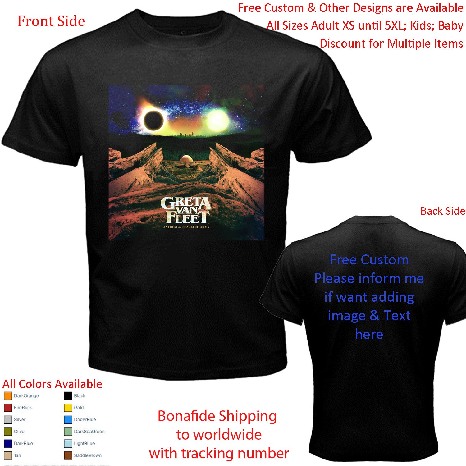 1 Greta Van Fleet Tour Concert Album T-shirt S-5XL Kids Toddler