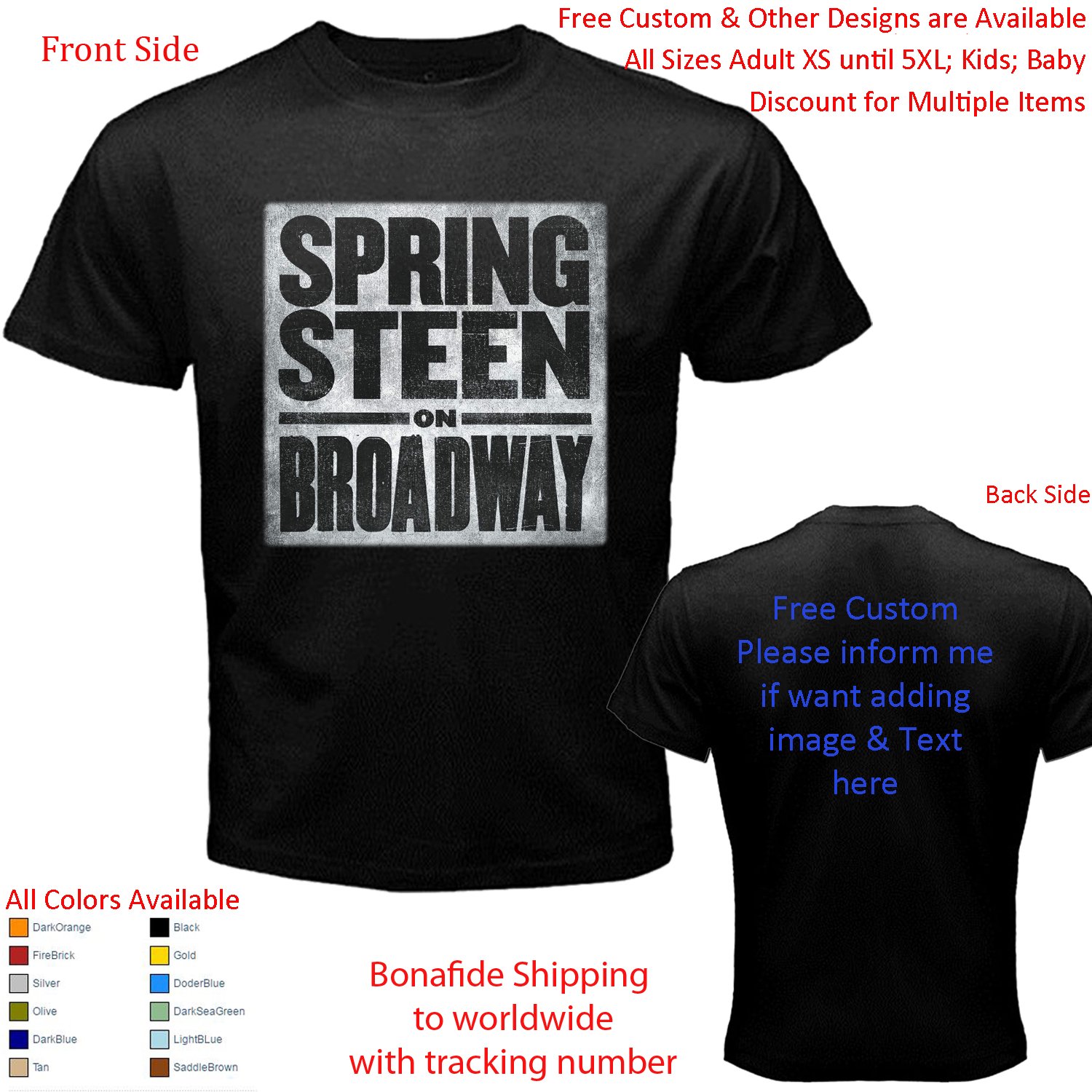 BRUCE SPRINGSTEEN Tour Concert Album T-shirt S-5XL Kids Toddler
