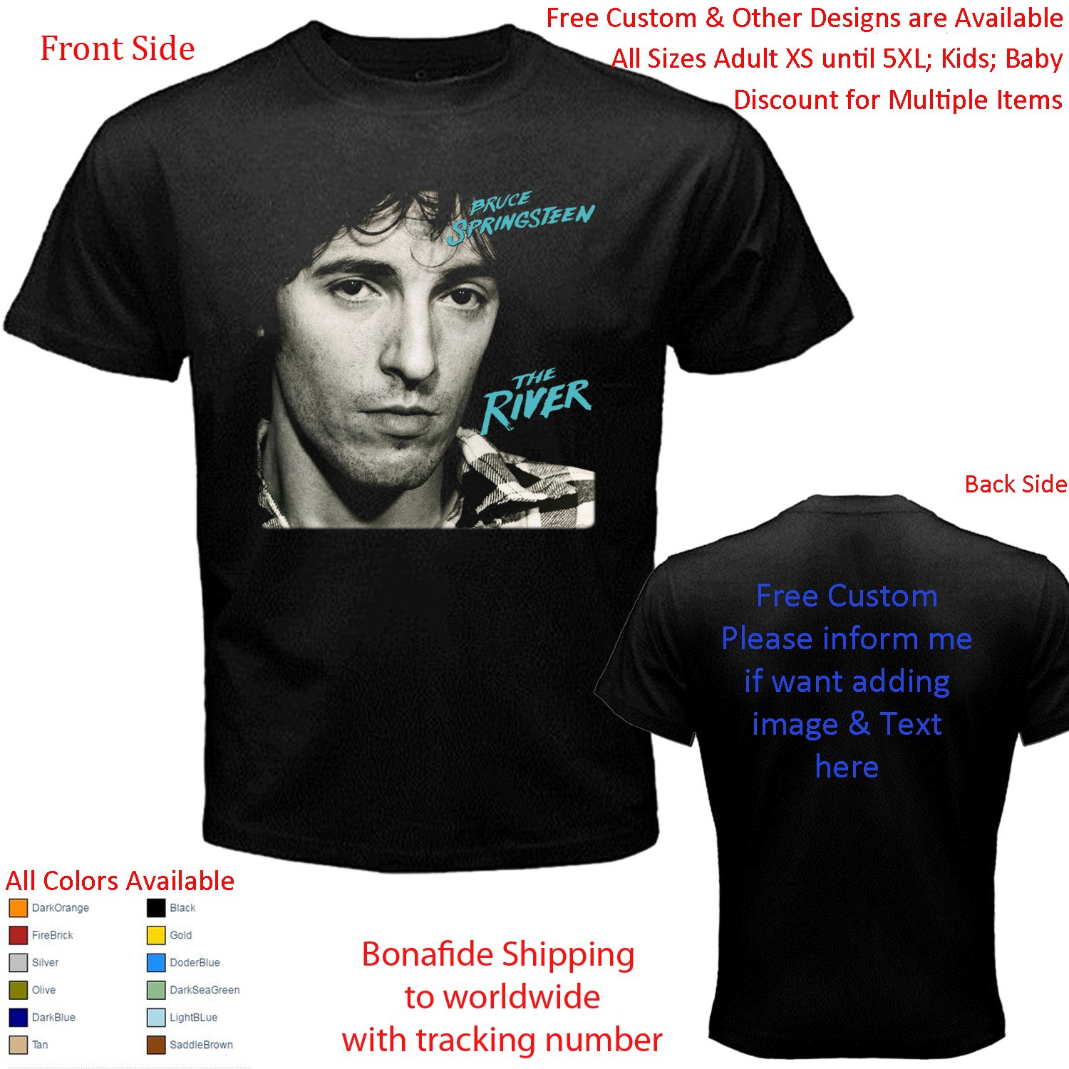 BRUCE SPRINGSTEEN Tour Concert Album T-shirt S-5XL Kids Toddler