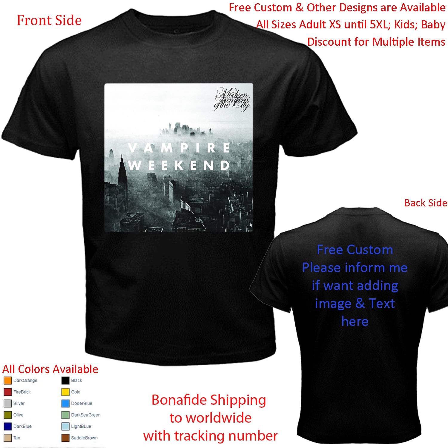 VAMPIRE WEEKEND Tour Concert Album T-shirt S-5XL Kids Toddler