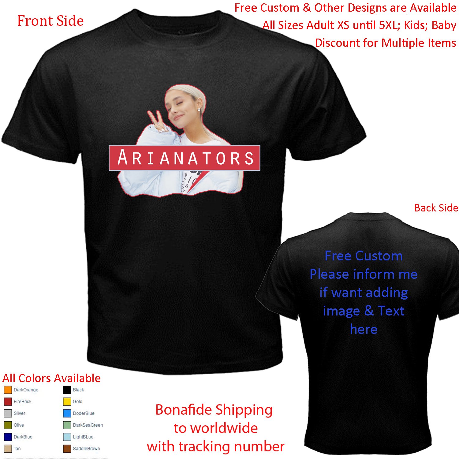 2 Ariana Grande Thank U, Next Tour Concert Album T-shirt S-5XL Kids Toddler