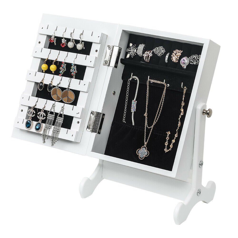 Small Mirrored Jewelry Organizer Armoire Storage Box Countertop