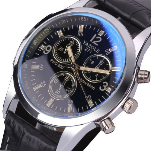 Fashion Men's Black Leather Stainless Steel Military Sport Quartz Wrist