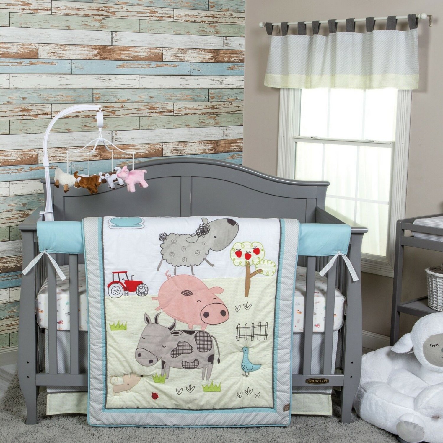 Crib Bedding Set Baby Boy Farm Animals 4 Piece Nursery Blue Quilt Skirt New