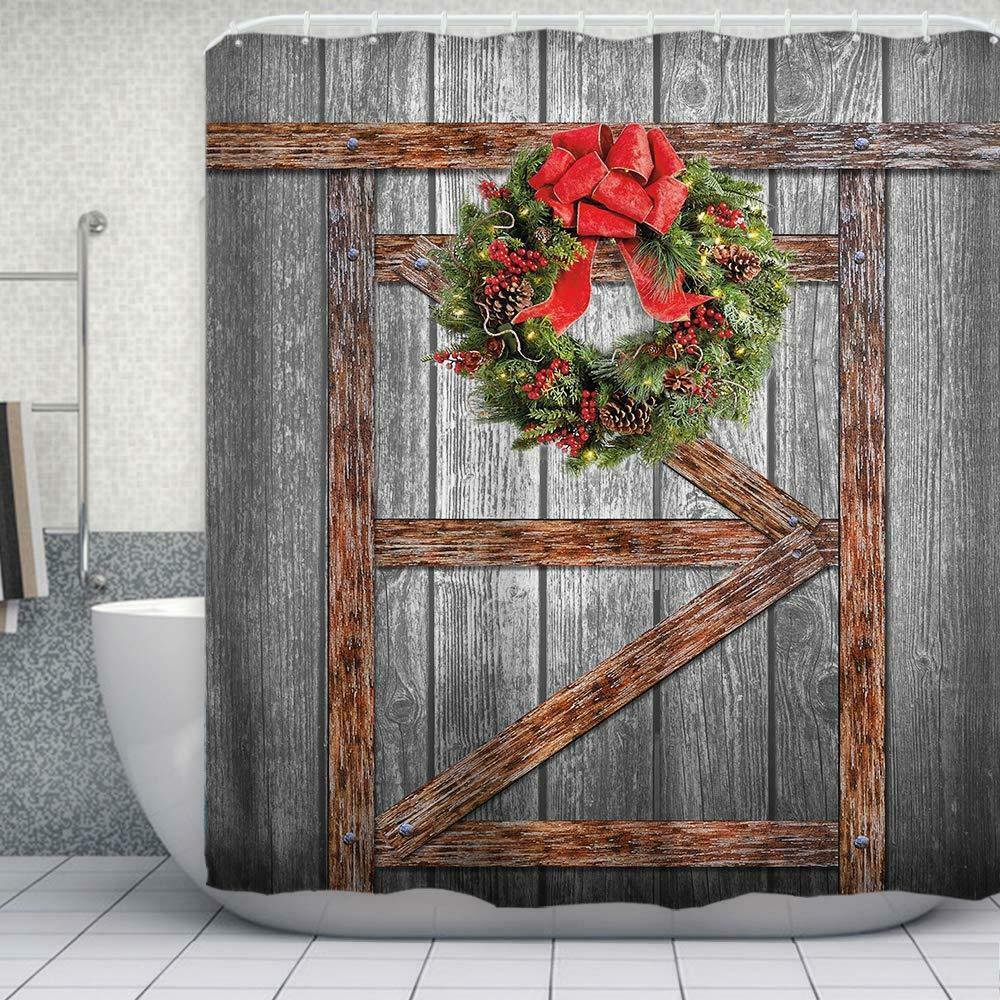 Christmas Shower Curtain Hooks Set Rustic Wood Barn Door Bathroom Decor New