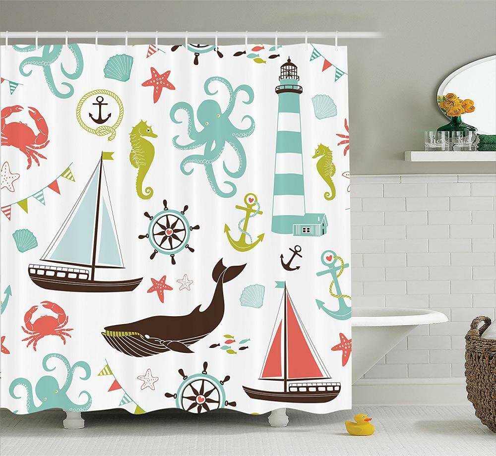 Shower Curtain Beach Nautical Lighthouse Sailboat Whale Bathroom Decor ...