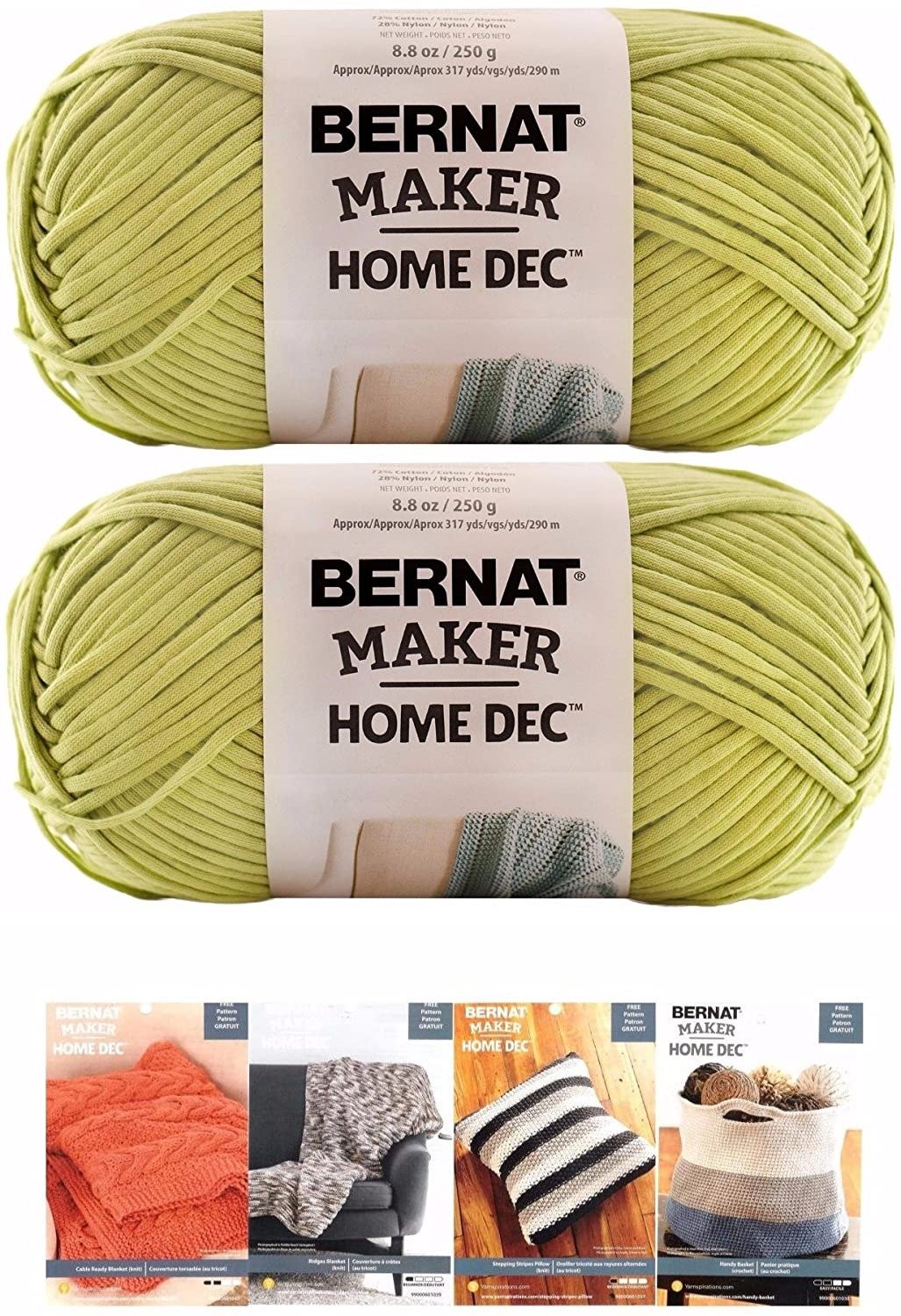 Bernat Maker Home Dec Corded Yarn Bundle 2 Skeins with 4 Patterns 8.8 Ounce Each Skein (Green Pea)