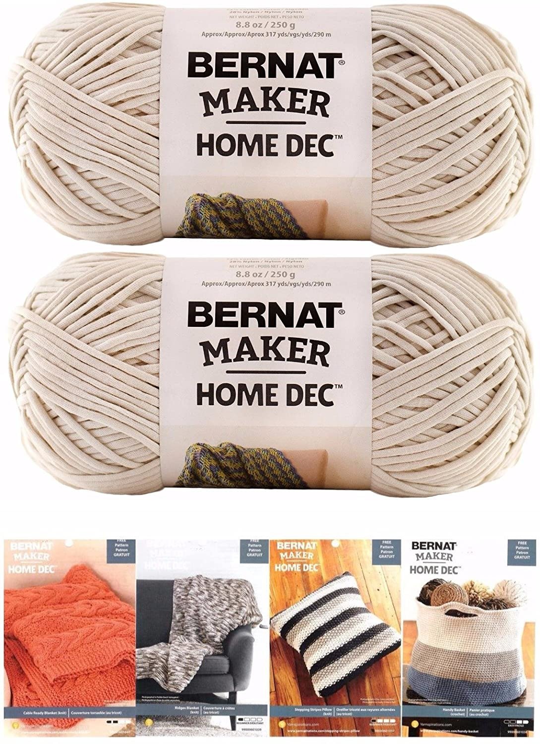 Bernat Maker Home Dec Corded Yarn Bundle 2 Skeins with 4 Patterns 8.8 Ounce Each Skein (Cream)