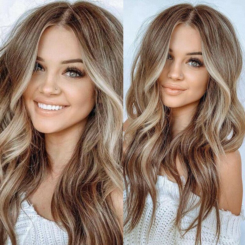 Fashion Women's Long Curly Wigs Brown Gold Blonde Wavy Hair Ombre Party Wig CHY