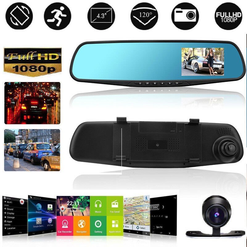 4.3'' 1080P Dual Lens Car Auto DVR Mirror Dash Cam Recorder+Rear View Camera Kit