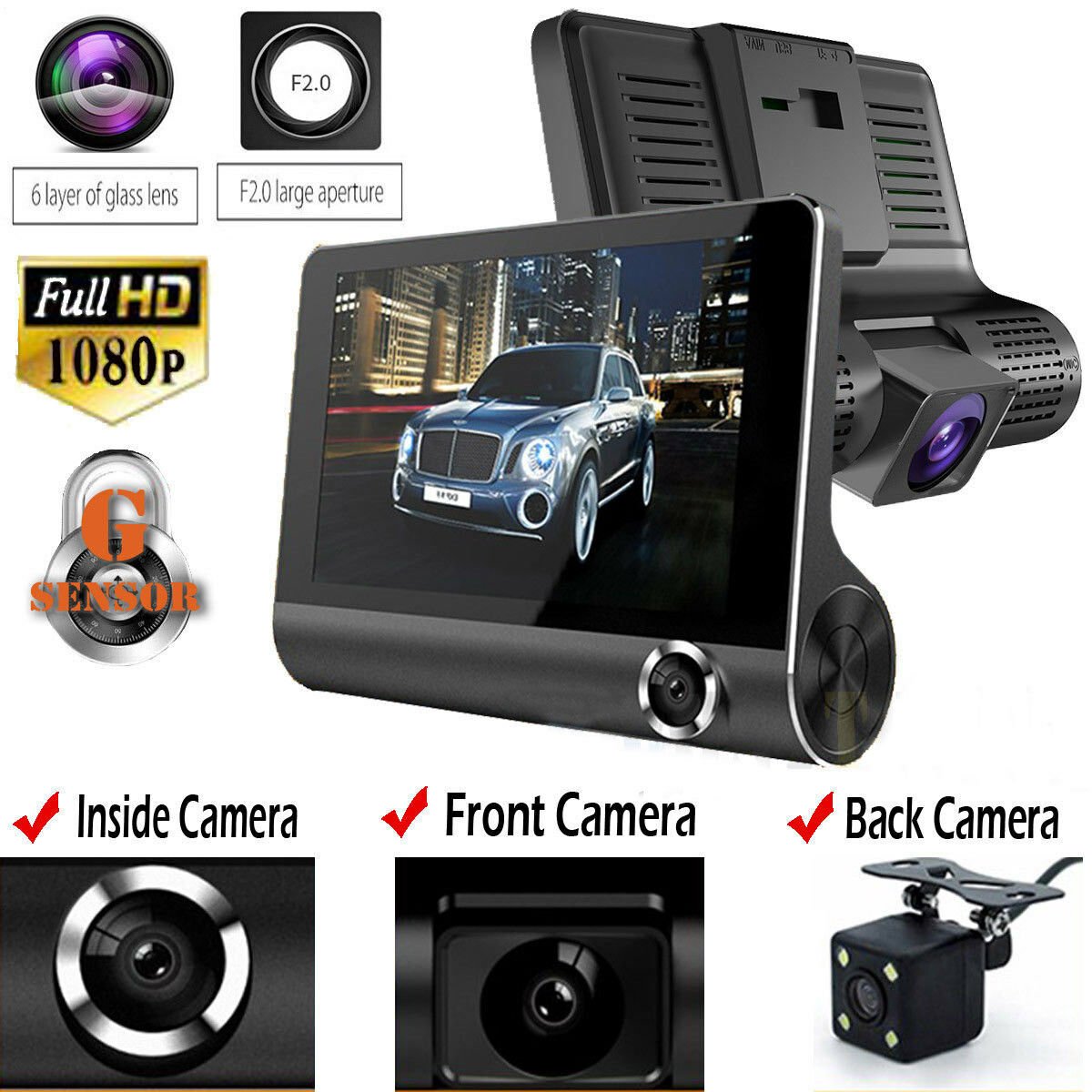 4" HD 1080P Dual Lens Rearview Car DVR Camera Video Recorder Dash Cam G-Sensor