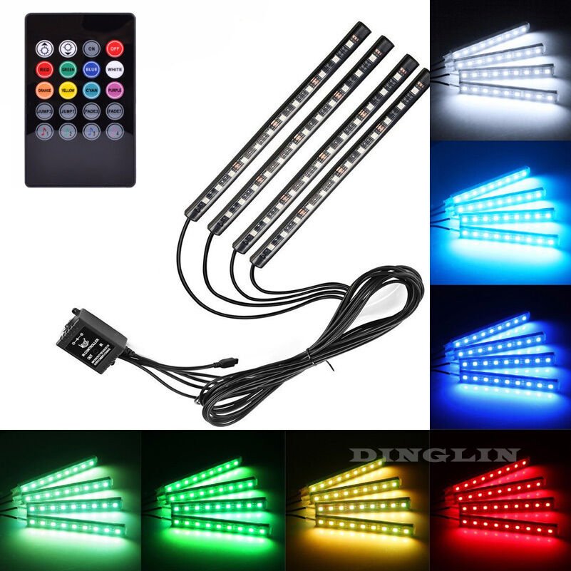 4x RGB 12LED Car Auto Interior Neon Atmosphere Strip Light Music Remote Control