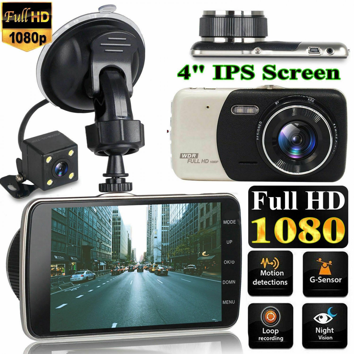 4'' Dual Lens Camera HD 1080P Car DVR Vehicle Video Dash Cam Recorder G-Sensor Y