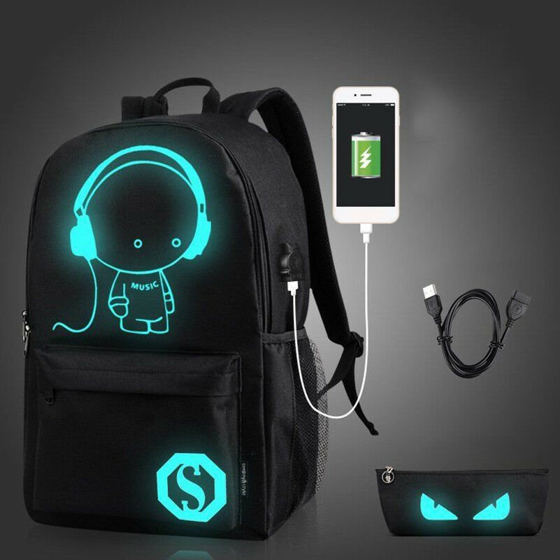 Anime Luminous Anti-Theft Laptop Backpack Shoulder School Bag USB Charger CHY