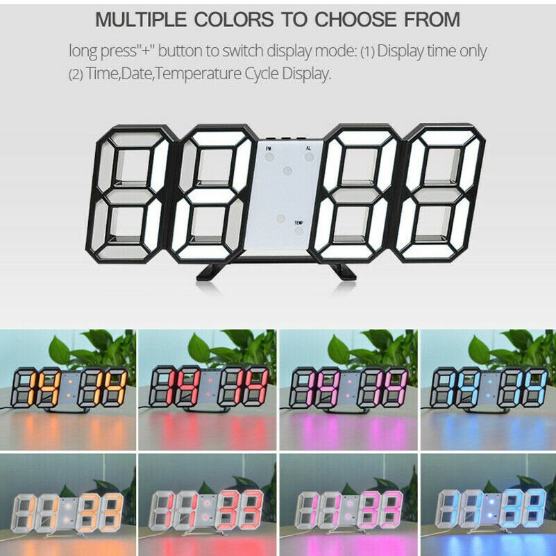 Modern Digital 3D LED Wall Clock Alarm Clock Snooze 12/24H Display Decor USB CHY