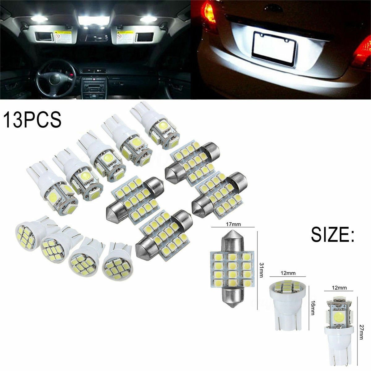 13Pcs Car White LED Lights Kit for Stock Interior & Dome & License Plate Lamps y