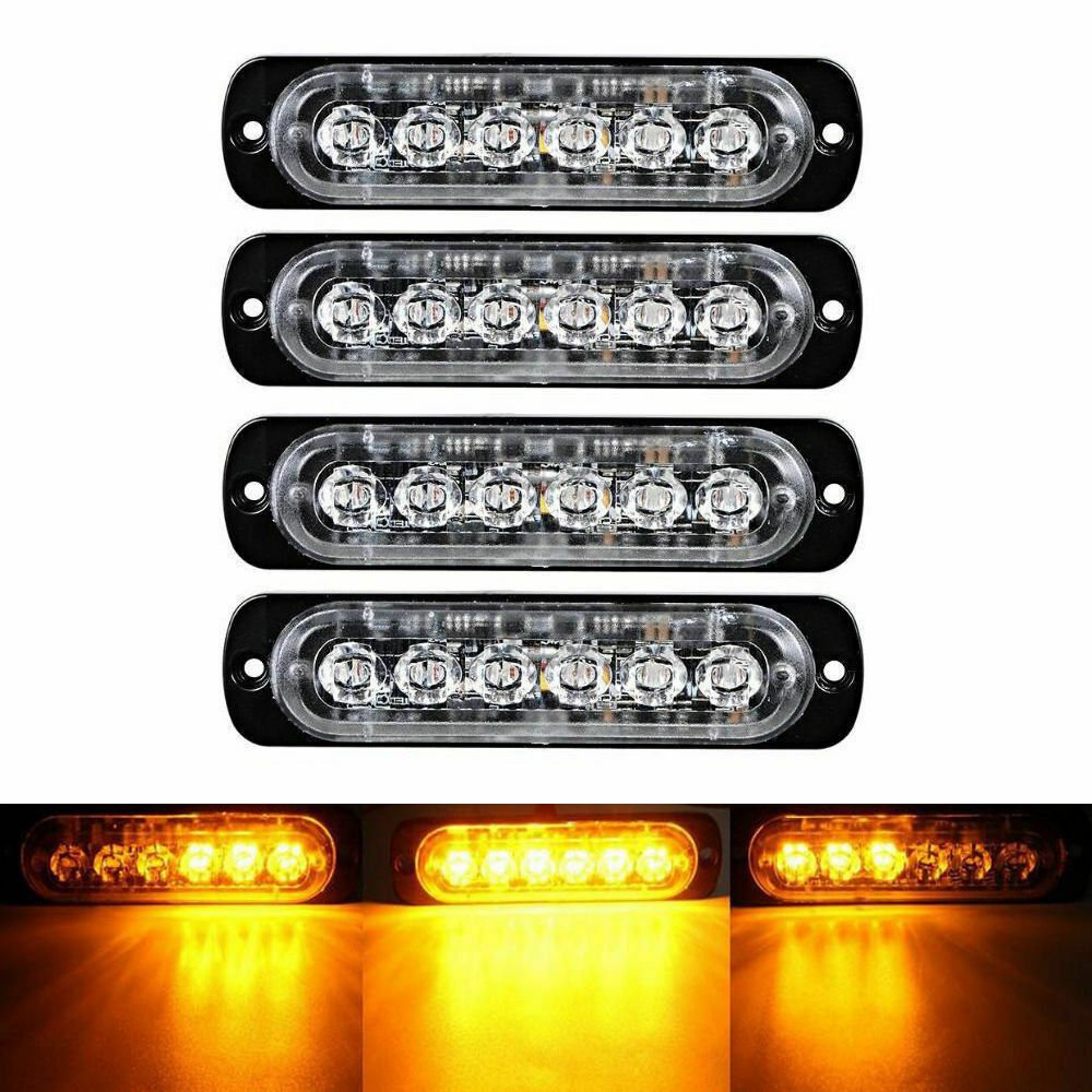 4pc Amber 6 LED Car Truck Emergency Beacon Warning Hazard Flash Strobe Light Bar