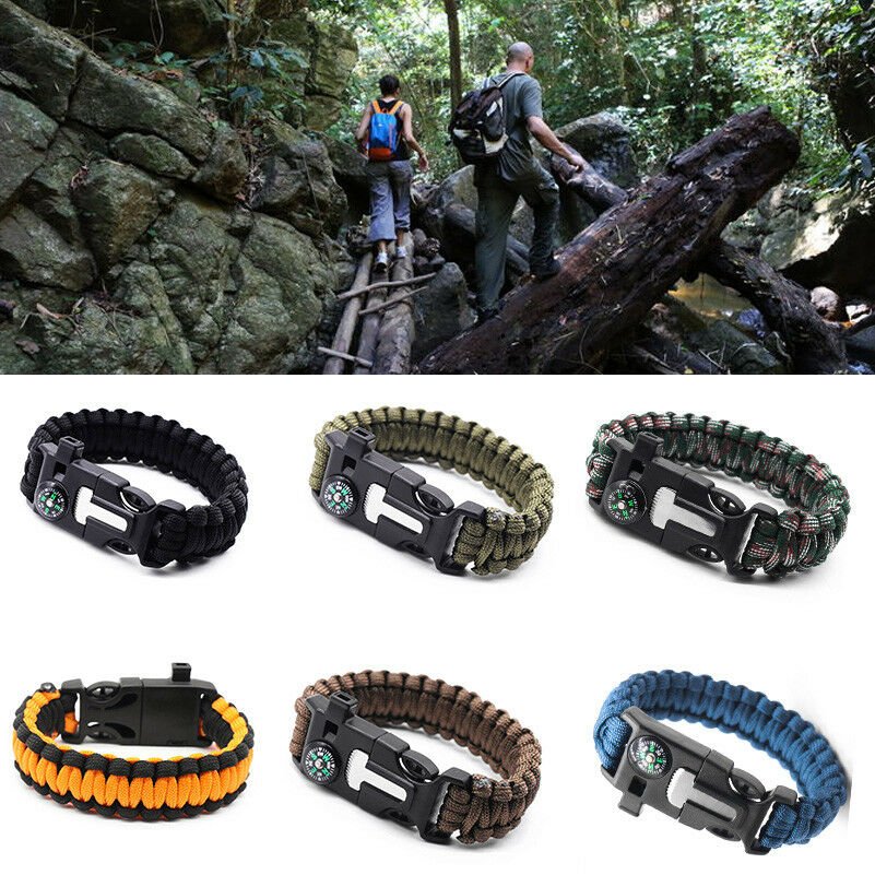 Paracord Survival Bracelet Compass Flint Fire Starter Scraper Whistle Gear Kit Y