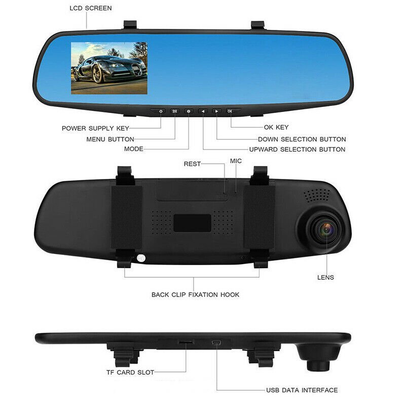 1080P Wide Angle Len Vehicle Mirror Car DVR Camera 4.3" Driving Recorder New