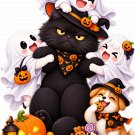 Three Halloween Ghosts Hugging a Grumpy Black Cat