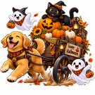 Cute Halloween Pumpkin Wagon Dog Cat Ghost Parade